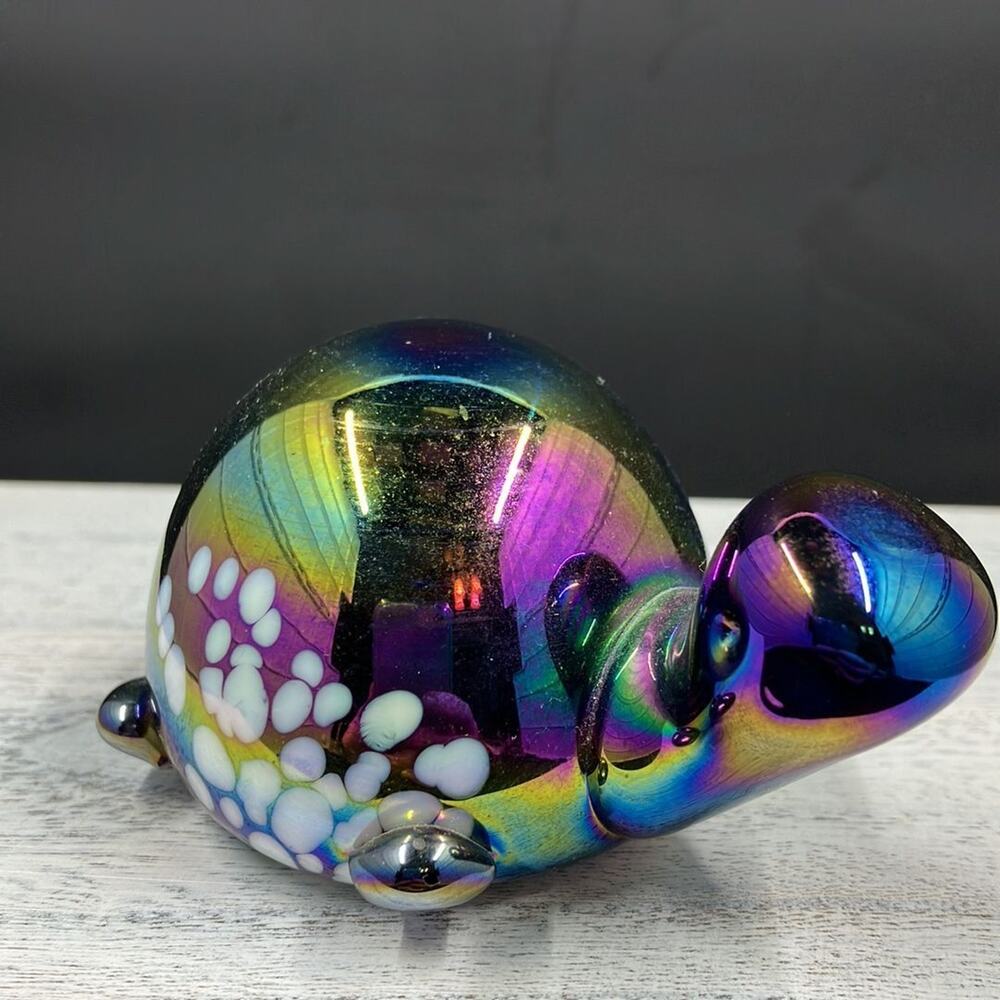 Hand Blown Iridescent Blue Carnival Glass Turtle Paperweight Infused White Spots